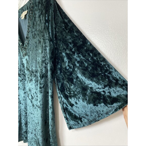 Michael Kors Velvet Top Size L Emerald Green Crushed Blouse Bell Sleeves 3/4 - Picture 5 of 14